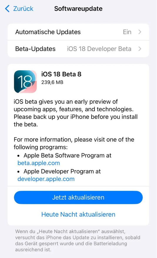 余干苹果手机维修分享苹果 iOS / iPadOS 18 开发者预览版 Beta 8 发布 